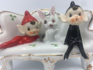 Two Sweet Little Pixie Elves Sitting On A Couch With A Rabbit Porcelain Vintage 4