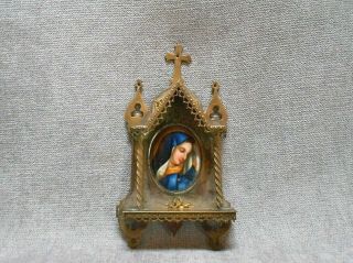 French Antique Oratory Ornate Frame And Porcelain Medallion Painting Madonna
