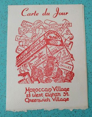 Vintage Cart Du Jour Moroccan Village Restaurant Menu Greenwich Village York
