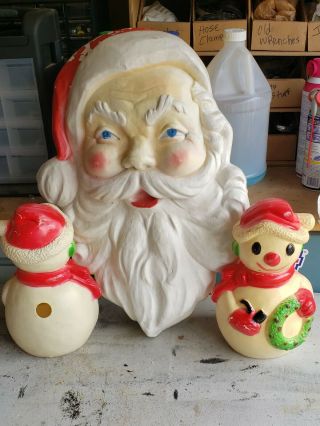 Vintage Christmas Santa Head Face Blow Mold And Snowmen - 1989 Union Products