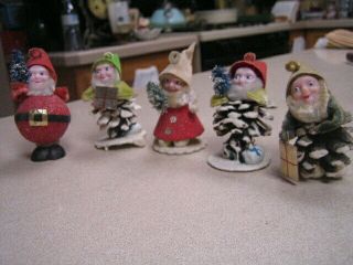 5 Vtg Chenille Pine Cone Christmas Pixie Elf Dwarf Gnome Felt Spun Cotton Putz