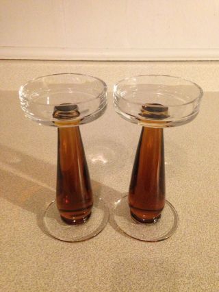 Vintage Mid Century Modern Blown Amber Glass Candle Holders,  Candle Sticks