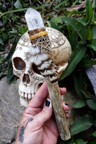 Witch Crafted Wood Snake Skin Pentagram Feather Crystal Magick Wand