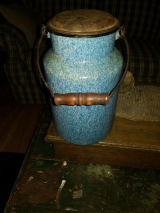 Blue Enamelware Antique/vintage Graniteware Milk Pail Bucket With Lid