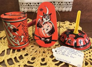 3 Near Vintage Halloween Tin Litho Noisemaker Decorations Us Metal Toy Cohn