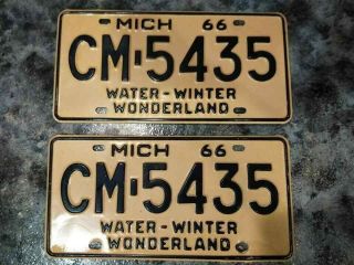 1966 Michigan License Plates Pair Cm - 5435 Chevy Ford Mustang Gto Dodge Buick