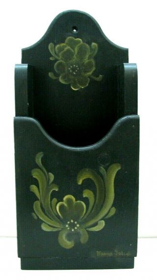 Signed Hand Painted Norwegian Rosemaling Rosemaled 10.  5 " Wooden Wall Candle Box