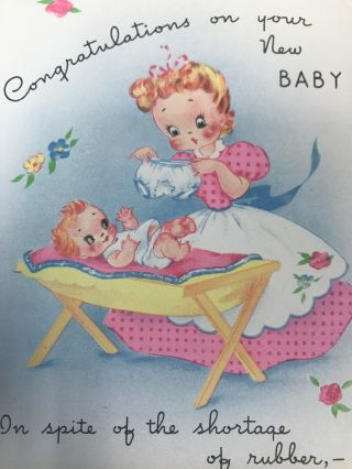 Vintage Greeting Card Baby Congratulations Rust Craft Wartime Ww2 Pink Dress