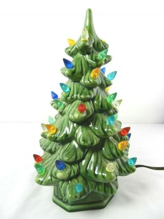 Vintage Green Ceramic Mold Lighted Christmas Tree 2pc 12 " Multi Color Lights