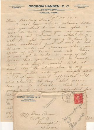 1919 Farmland Indiana Female Chiropractor Letterhead With 2 Page Letter