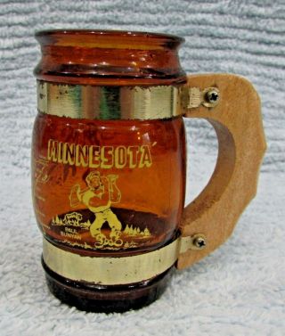 Minnesota Souvenir Brown Amber Glass Small Miniature Mug W Wood Handle S/h