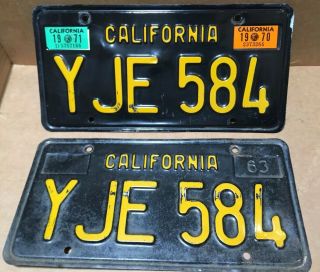 Rare Pair 1963 Dmv Clear - (california) - Yje 584 License Plate - 1970 & 1971 Tag