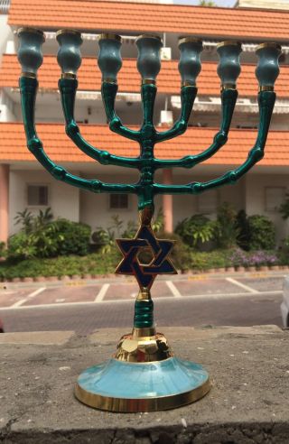 Brass Copper & Enamel,  Israel Candle Holder 10 " Menorah Magen David Judaica Gift