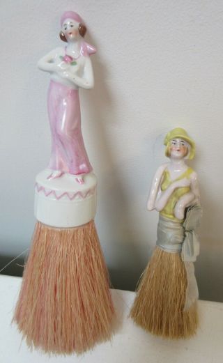 Pair Vintage Porcelain Figural Half - Doll Brushes Flapper Germany