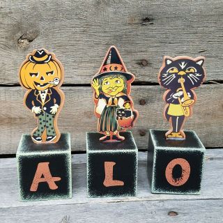 Vtg Halloween Wooden Letter Blocks Witch Black Cats Jack O 