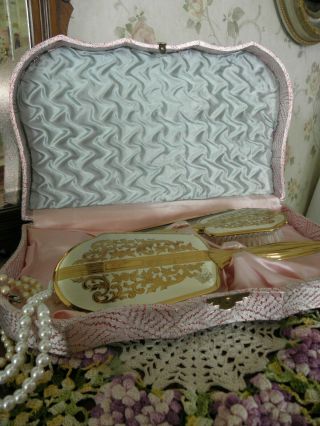 Vintage Vanity Set With Pink Brocade Case,  Mirror,  Brush,  Etched Comb