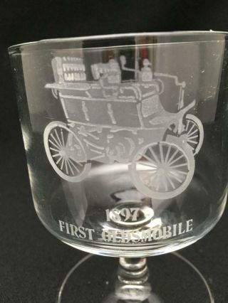 Vintage Etched Stem Bar Glass Antique Car / Automobile 1897 First Oldsmobile