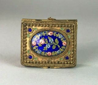 Antique French Brass Blue Enamel Painted Jeweled Ormolu Compact Snuff Pill Box