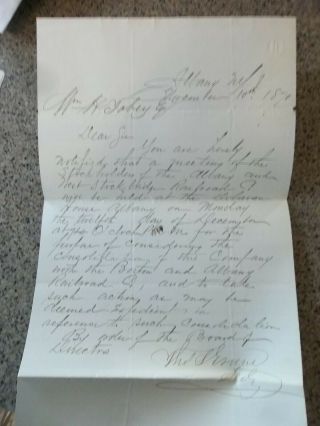 1870 Letter - Albany & West Stockbridge Railroad Co Consolidation With B&a Rr