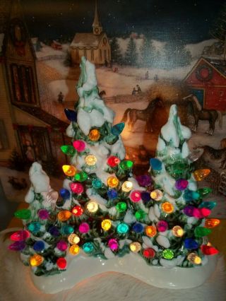 Snowy Pine Triple Xmas Ceramic Tree Light 100,  Color Tree Vtg Look,  Fired Snow
