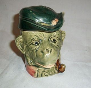 Antique Green Monkey - Ceramic Head Jar W/ Lid Snuff - Tobacco Humidor 4.  5 " Tall