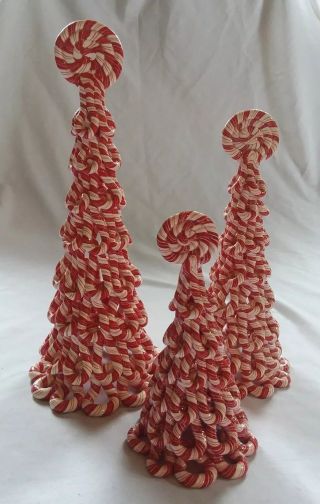 Set 3 Byers Choice Red & White Candy Cane Christmas Holiday Trees 13 " 10.  5 " 7.  5 "
