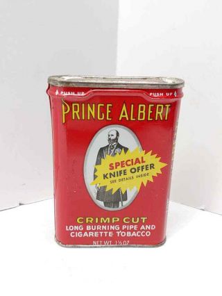 Vintage Prince Albert Pipe & Cigarette Tobacco Tin Can Old Timer Knives Offer