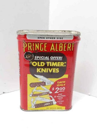 Vintage Prince Albert Pipe & Cigarette Tobacco Tin Can Old Timer Knives Offer 3