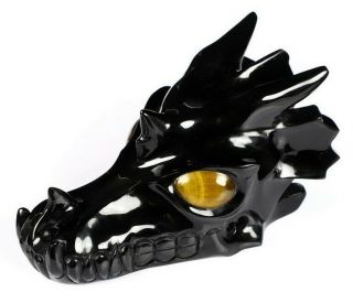 5.  3 " Black Obsidian Carved Crystal Dragon Skull,  Tiger Eye Eyes,  Crystal Healing