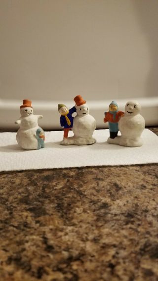 3 Cute Vintage Composition/plaster Snowmen And Children - Japan