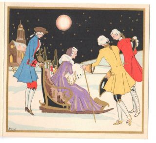 Vintage Art Deco Pochoir Gaudin Christmas Greeting Card Gents Lady Sledge Moon