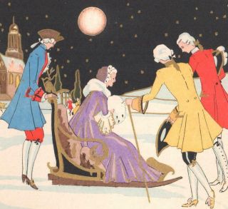 VINTAGE ART DECO POCHOIR GAUDIN CHRISTMAS GREETING CARD GENTS LADY SLEDGE MOON 2