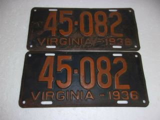 1936 Virginia Auto License Plate Pair - Hard To Find -