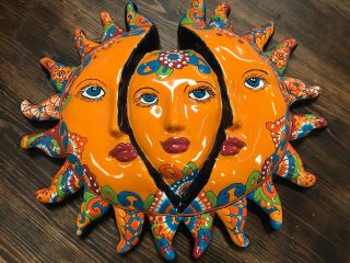 Talavera Sun Mexican Pottery Three Faces,  20” By Gerardo Garcia,  Signed