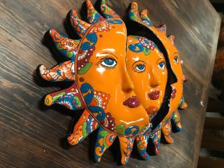 TALAVERA SUN Mexican Pottery Three Faces,  20” by Gerardo Garcia,  Signed 4