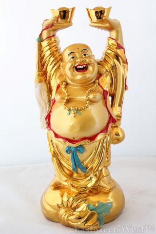 17.  5 " Huge Gold Feng Shui Lucky Wealth Happy Laughing Buddha Holds Gold Ingots