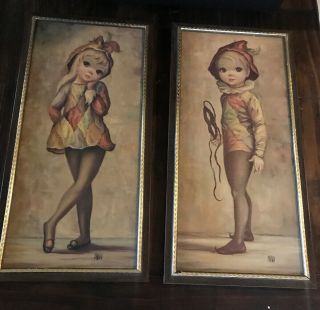 Mid Century Lithograph Paintings Maio Harlequin Boy & Girl Framed Vintage Art