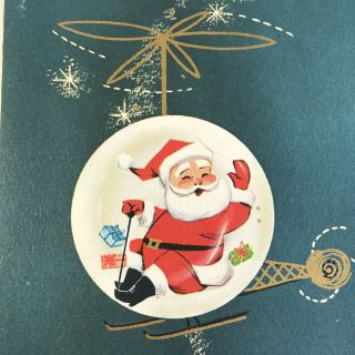 Vintage Mid Century Christmas Greeting Card Atomic Santa Claus In Helicopter