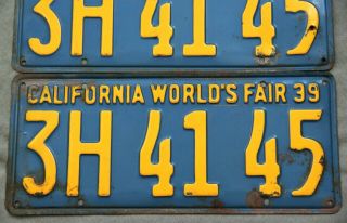 California.  1939.  License Plate.  World ' s Fair.  PAIR. 3
