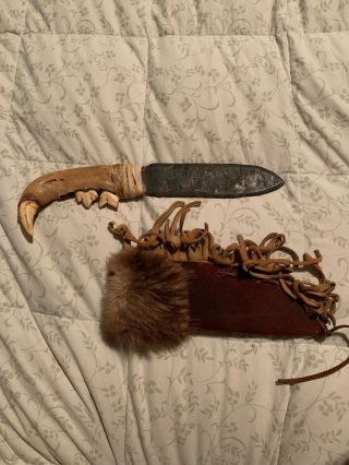 Native American Indian Wolf Jaw Knife And Beaver Fur Tanned Deer Hide Sheath.