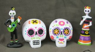 Colorful Sugar Skull Skulls,  Standing Figurines Dia De Los Muertos Day Of Dead