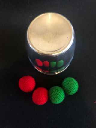 Aluminium Chop Cup With Green And Red Crochet Balls Magic Closeup