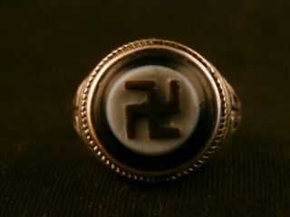 Tibetan Silver Inlay Agate Dzi Hand Carved Swastika Bead Ring A009