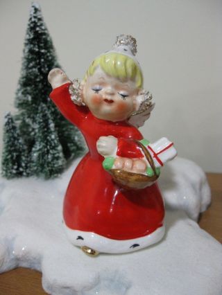 Vintage Napco Christmas Bell Girl Holding Basket Presents Gift Kitschy