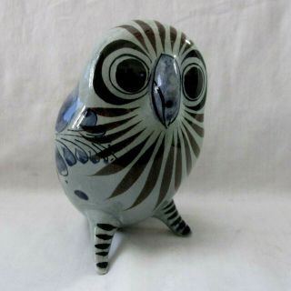 Signed Vintage Mexico Mexican Tonala Ceramic Folk Art Owl 5 " Tall Blue & Black