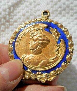 Antique Mirror Compact,  Enameled Deep Blue,  Military Styling W Eagle And Soldier