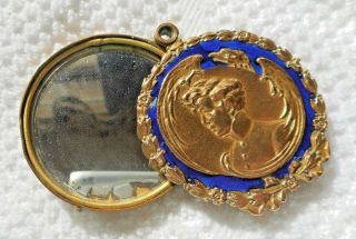 Antique MIRROR Compact,  enameled deep blue,  Military styling w Eagle and soldier 2
