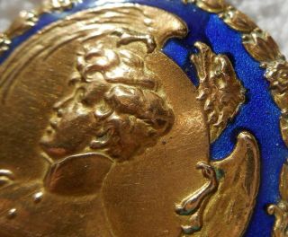 Antique MIRROR Compact,  enameled deep blue,  Military styling w Eagle and soldier 4