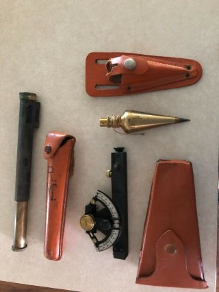 3 Vintage Surveying Tools Inclinometer Hand Held Plumb Bob,  Level K & E Dietzgen