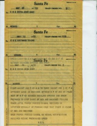 At&sf (santa Fe) Railway Train Orders (14) Menard,  Texas All 1972.